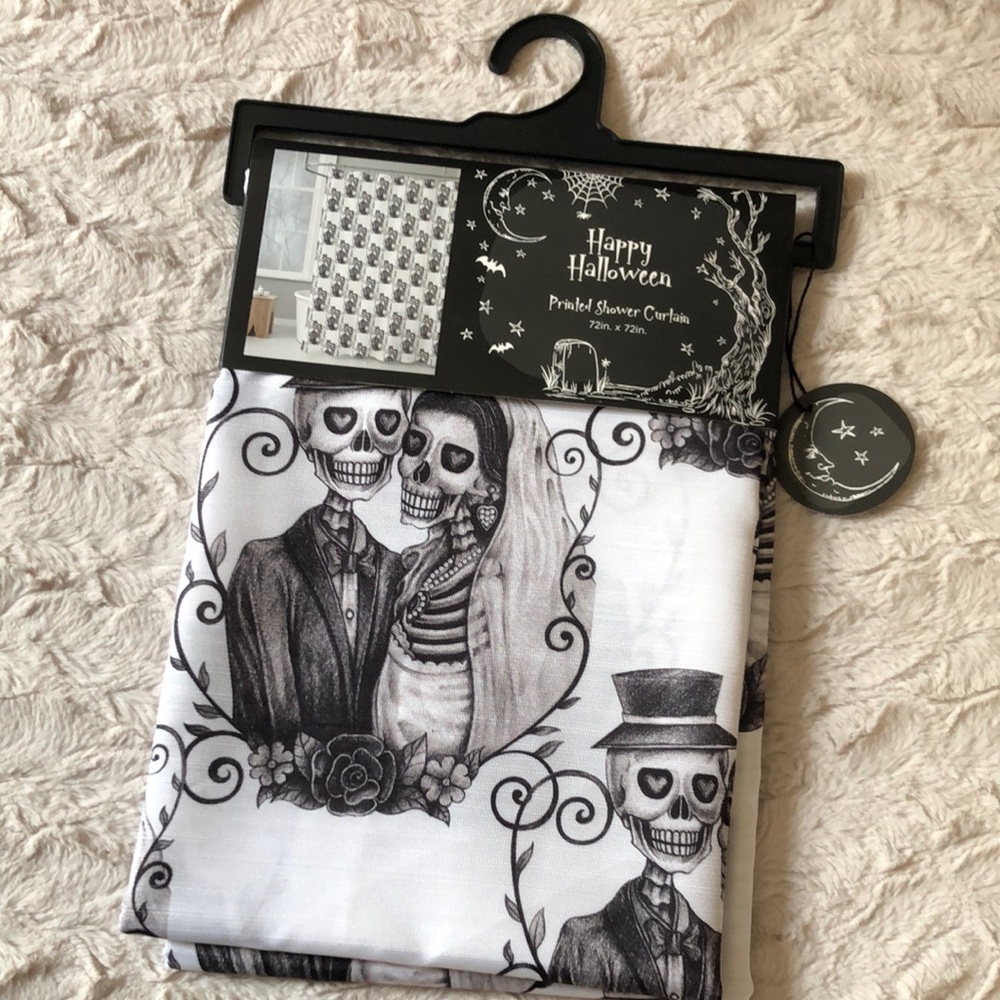 Happy Halloween Black & White Skeleton Couple Shower Curtain